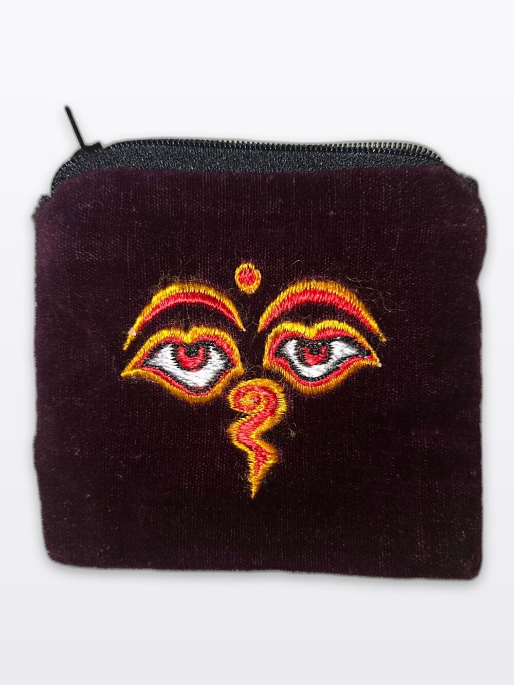 Velvet Coin Purse Embroidered Buddha Eyes Purple Zip Pouch Boho